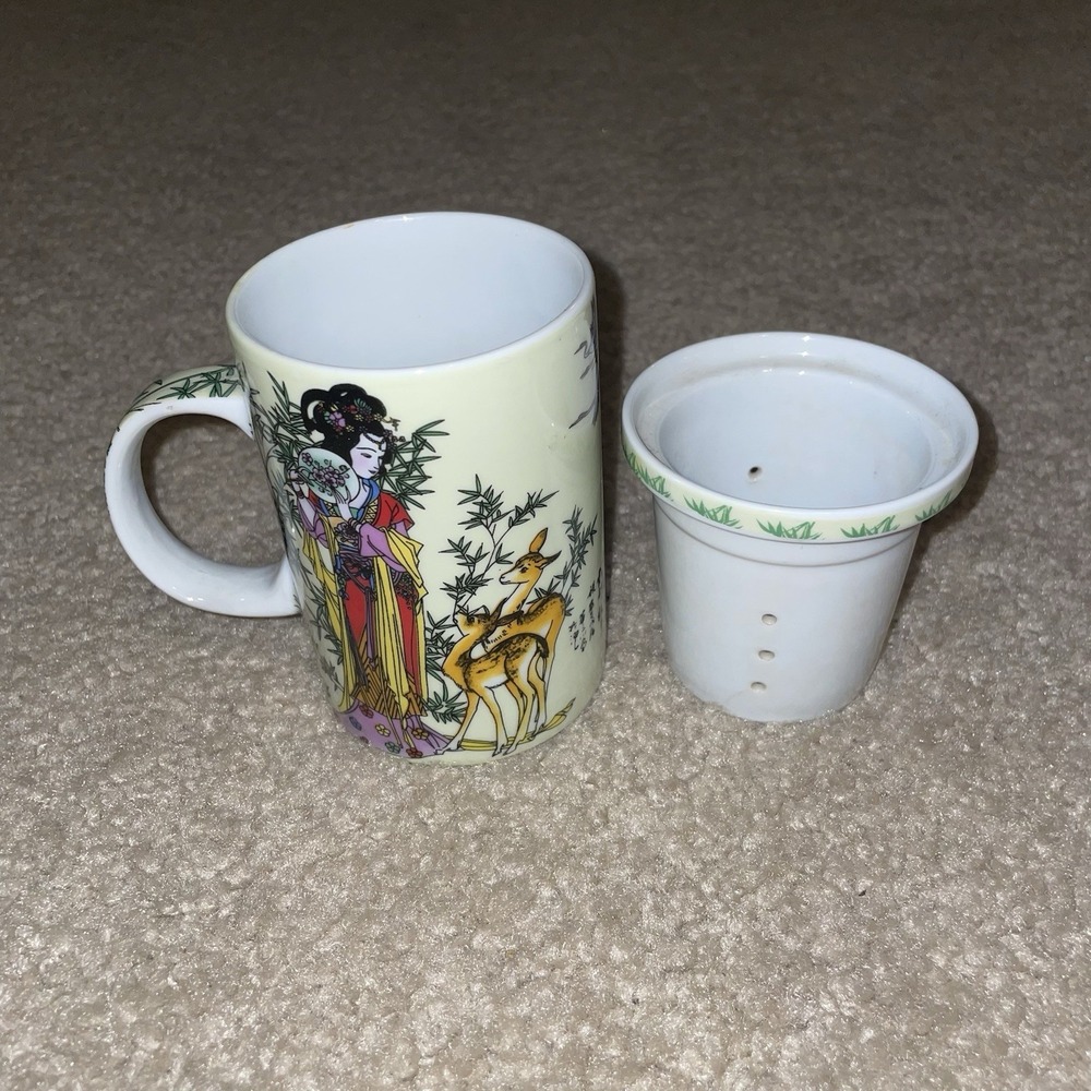 Vintage Chinese Porcelain Tea Mug with Infuser Geisha Deer Crane Bamboo Yellow